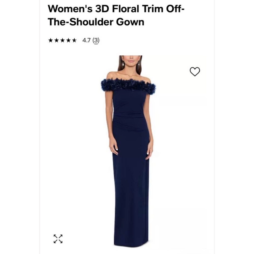 Xscape 3D Floral Trim Off-The-Shoulder Navy Gown